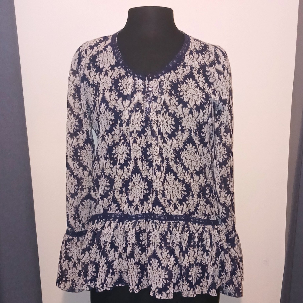 Navy Blue White Boho Floral Peplum Blouse Bell Sleeve Lace Trim S fits large